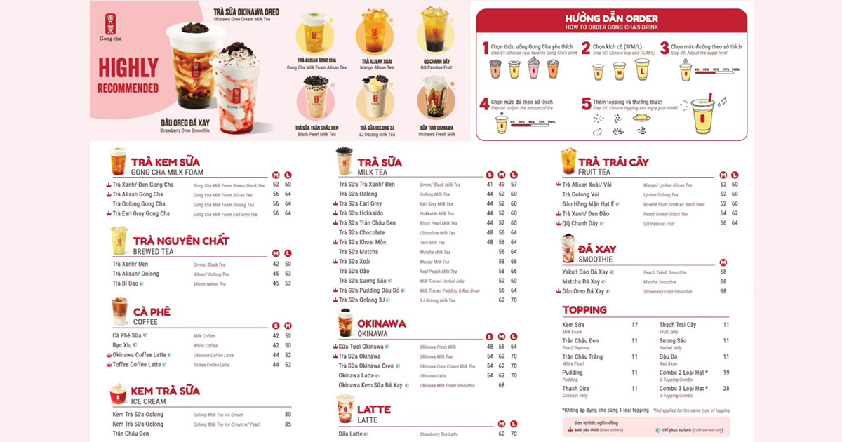 Menu & Bảng giá tại Gong Cha Cần Thơ